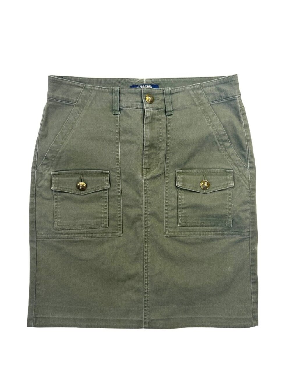 Chaps Army Green Cargo Mini Skirt Size 6 Preppy Academia Brass Buttons Pockets